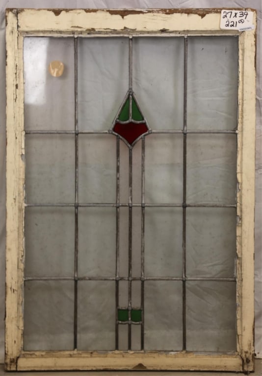 ENGLISH ART DECO STAINED GLASS PANEL: English Art Deco stained glass panel. Approximate dimensions: h. 39", w. 27" Disclaimer: This is an online court ordered bankruptcy sale. Participating bidders must have a credit card on file with Liv