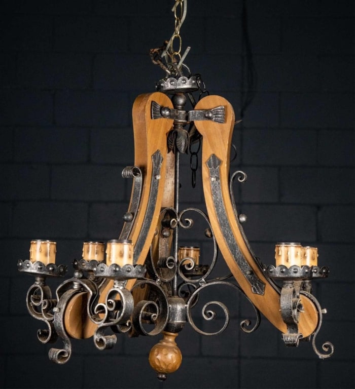 6-LIGHT IRON & OAK CHANDELIER (1 of 5)