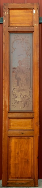 FRENCH HARD PINE ETCHED GLASS DOOR: French hard pine etched glass door with a figural panel. Approximate dimensions: h. 117", w. 23.5" Disclaimer: This is an online court ordered bankruptcy sale. Participating bidders must have a credit
