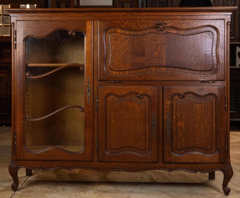FRENCH CARVED OAK ABATTANT VITRINE (1 of 4)