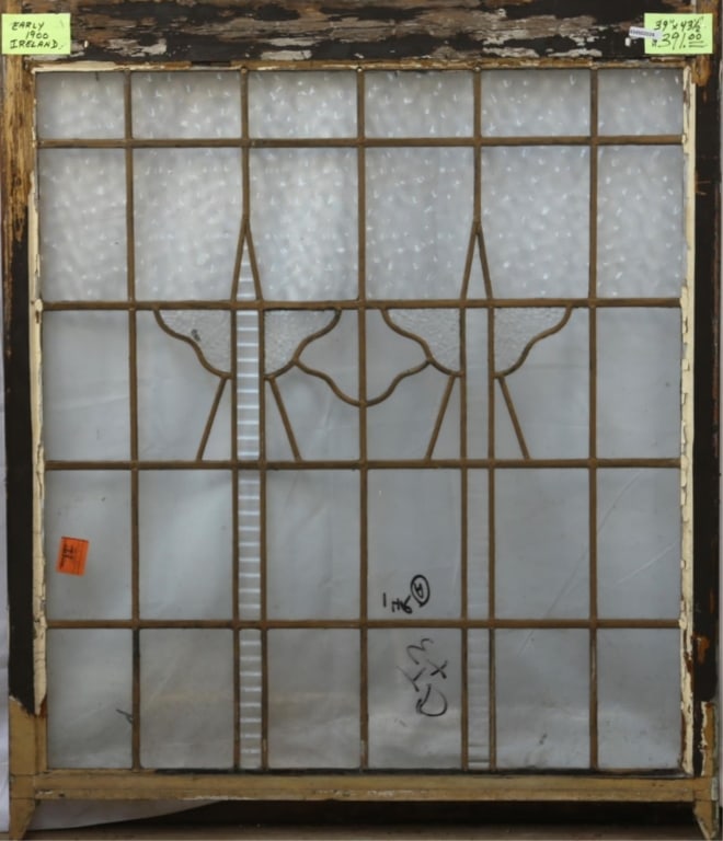 ANTIQUE ENGLISH LEADED GLASS PANEL: Antique English leaded glass panel. Approximate dimensions: h. 43.5", w. 39" Disclaimer: This is an online court ordered bankruptcy sale. Participating bidders must have a credit card on file with Liv