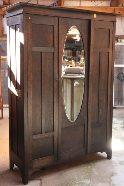 ENGLISH ARTS & CRAFTS OAK MIRRORED WARDROBE (1 of 2)