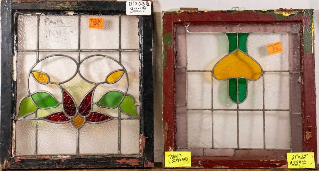 TWO CONTINENTAL ART NOUVEAU STAINED GLASS PANELS: Two Continental Art Nouveau stained glass panels. Approximate dimensions: h. 23.5", w. 21" Disclaimer: This is an online court ordered bankruptcy sale. Participating bidders must have a credit card on