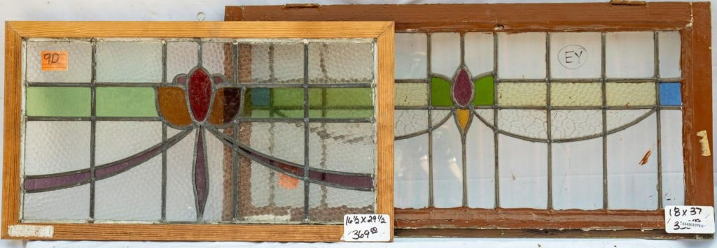 TWO FRENCH ART NOUVEAU STAINED GLASS PANELS: Two French Art Nouveau stained glass panels with floral motif. Approximate dimensions: h. 18", w. 37" Disclaimer: This is an online court ordered bankruptcy sale. Participating bidders must have a cre