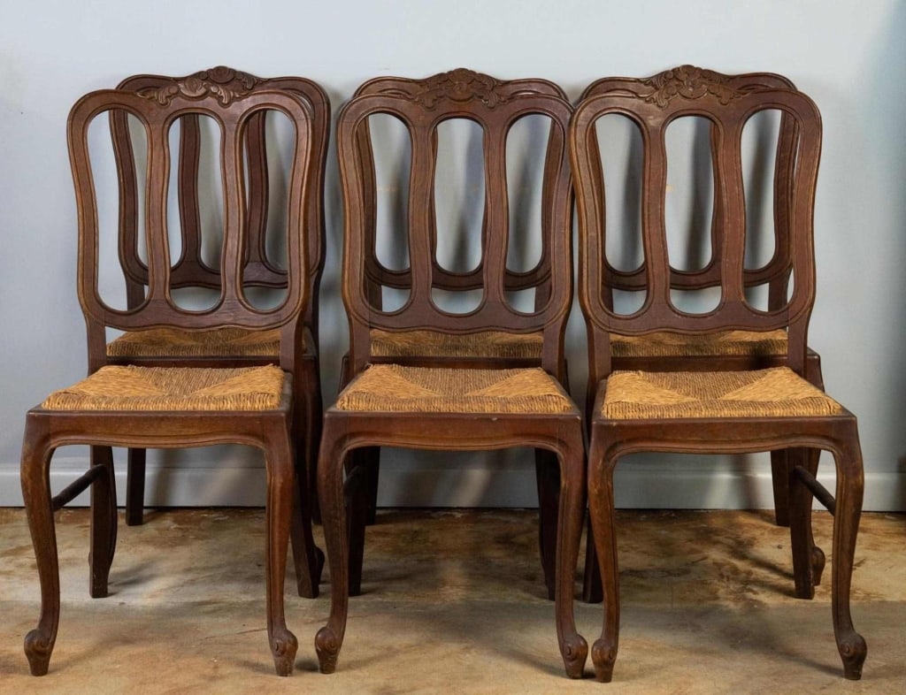 SET OF 6 19TH C. FRENCH OAK RUSH SEAT CARVED CHAIR (1 of 3)