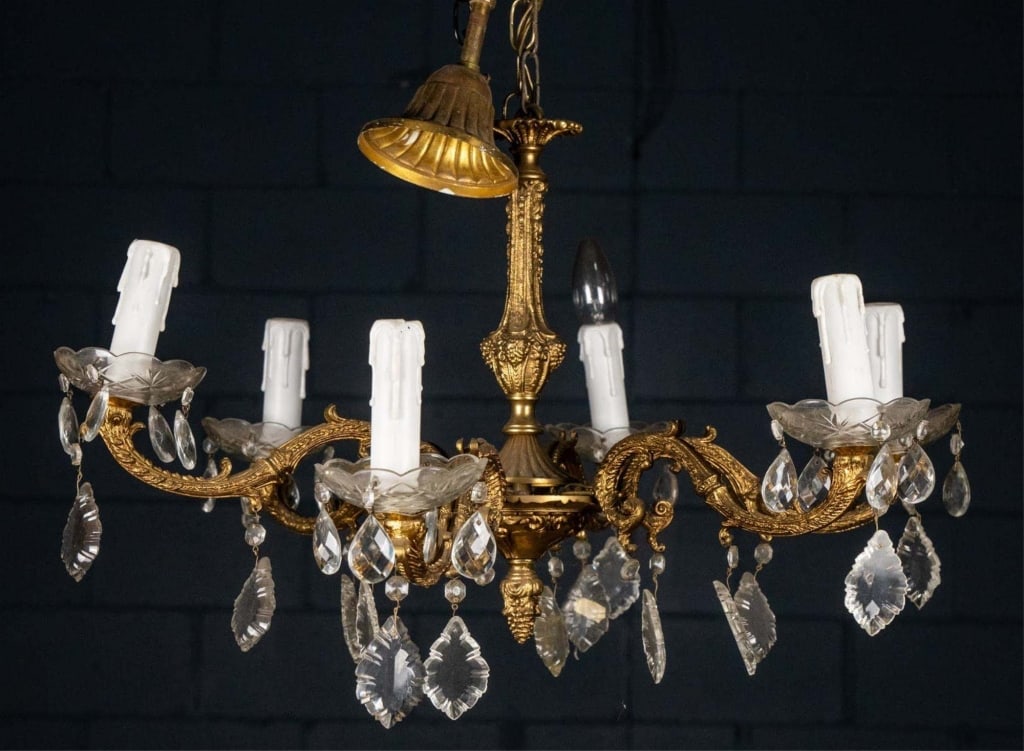 FRENCH 6-LIGHT BRONZE PATINA & CRYSTAL CHANDELIER (1 of 5)