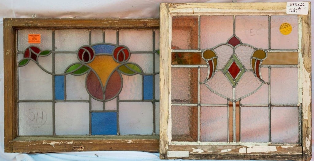 TWO FRENCH ART NOUVEAU STAINED GLASS PANELS: Two French Art Nouveau stained glass panels with floral and geometric motifs. Approximate dimensions: h. 26", w. 24.5" Disclaimer: This is an online court ordered bankruptcy sale. Participating bidder