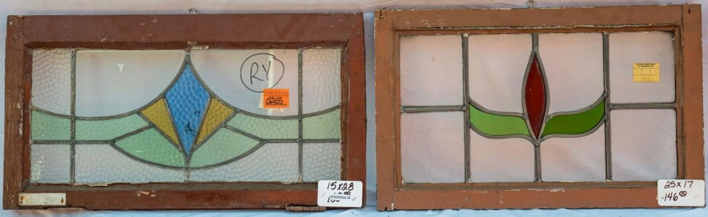TWO FRENCH ART NOUVEAU STAINED GLASS PANELS: Two French Art Nouveau stained glass panels. Approximate dimensions: h. 17", w. 25" Disclaimer: This is an online court ordered bankruptcy sale. Participating bidders must have a credit card on file w