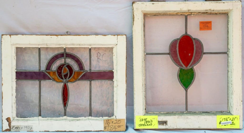 TWO FRENCH ART NOUVEAU STAINED GLASS PANELS: Two French Art Nouveau stained glass panels with a floral motif. Approximate dimensions: h. 21", w. 17.5" Disclaimer: This is an online court ordered bankruptcy sale. Participating bidders must have a