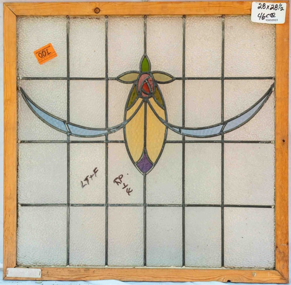 FRENCH ART NOUVEAU STAINED GLASS PANEL: French Art Nouveau stained glass panel with floral and ribbon motifs. Approximate dimensions: h. 28", w. 28.5" Disclaimer: This is an online court ordered bankruptcy sale. Participating bidders must h
