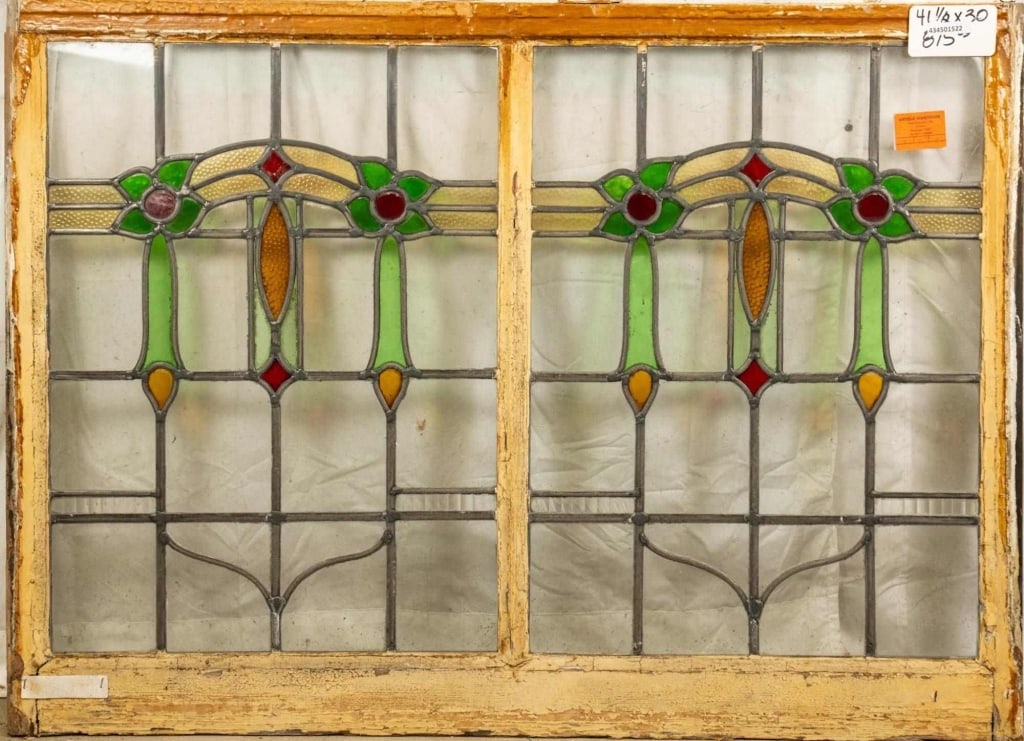 FRENCH ART NOUVEAU STAINED GLASS DOUBLE PANEL (1 of 3)