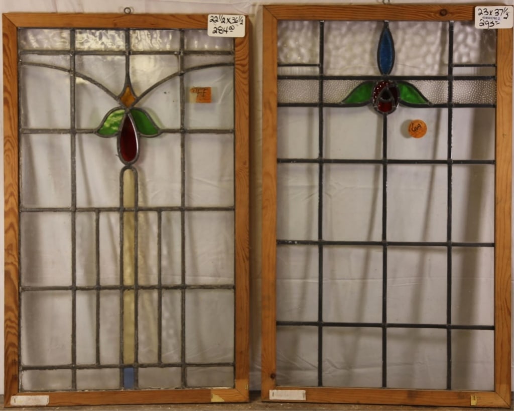 TWO ANTIQUE CONTINENTAL STAINED GLASS PANELS: Two antique Continental stained glass panels with floral medallions Approximate dimensions: h. 37.5", w. 23" Disclaimer: This is an online court ordered bankruptcy sale. Participating bidders must hav