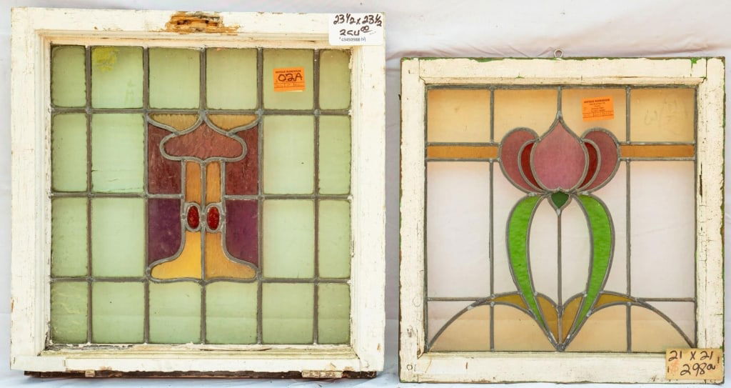 TWO FRENCH ART NOUVEAU STAINED GLASS PANELS: Two French Art Nouveau stained glass panels. Approximate dimensions: h. 23.5", w. 23.5" Disclaimer: This is an online court ordered bankruptcy sale. Participating bidders must have a credit card on fi