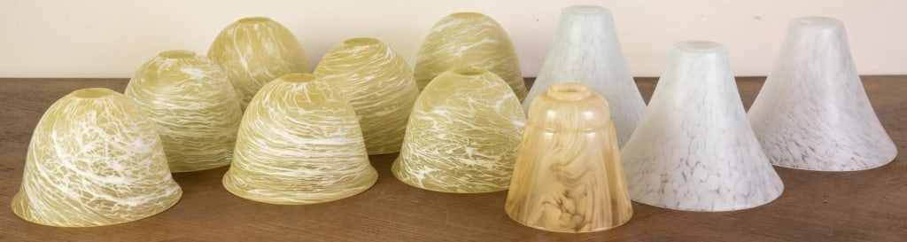11 WHITE & YELLOW FROSTED GLASS MURANO STYLE LAMP: Eleven white and yellow frosted glass Murano style lamp shades. Disclaimer: This is an online court ordered bankruptcy sale. Participating bidders must have a credit card on file with Live Auctioneers