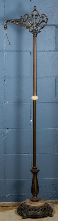 FRENCH ART NOUVEAU MARBLE FLOOR LAMP: French Art Nouveau marble floor lamp with floral and botanical carved accents and marble inset at the base. Approximate dimensions: h. 61", w. 13", d. 11" Disclaimer: This is an online court ordered b
