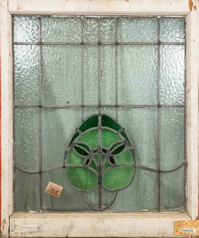 FRENCH ART NOUVEAU STAINED GLASS PANEL: French Art Nouveau stained glass panel with a floral motif. Approximate dimensions: h. 25", w. 29.5" Disclaimer: This is an online court ordered bankruptcy sale. Participating bidders must have a cred