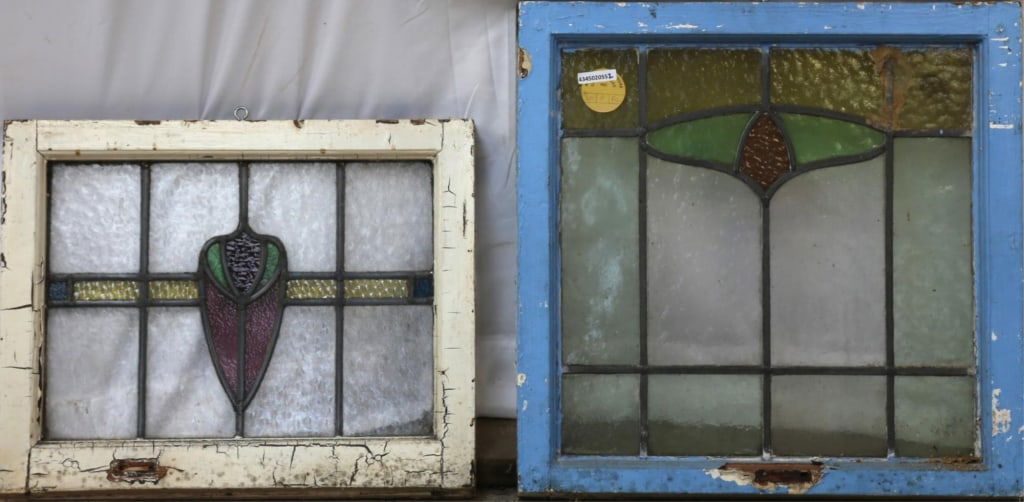 PAIR OF ANTIQUE CONTINENTAL STAINED GLASS PANELS: Pair of antique Continental stained glass panels. Approximate dimensions: h. 23", w. 22.5" Disclaimer: This is an online court ordered bankruptcy sale. Participating bidders must have a credit card on