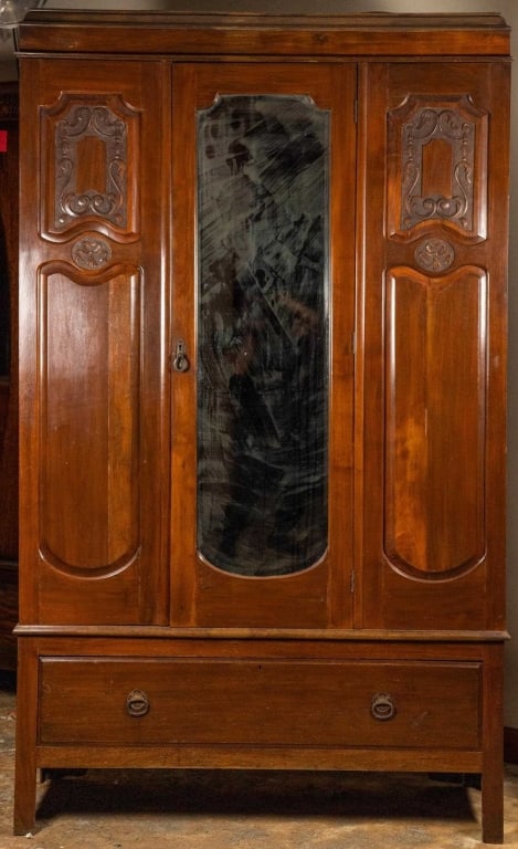 FRENCH ART NOUVEAU ARMOIRE: French Art Nouveau armoire with inset carved panels, beveled mirror, and carved rosettes. Approximate dimensions: h. 78", w. 48", d. 20" Disclaimer: This is an online court ordered bankruptcy sale. Pa