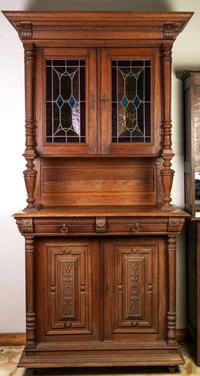 FRENCH OAK STAINED GLASS VITRINE BUFFET (1 of 4)