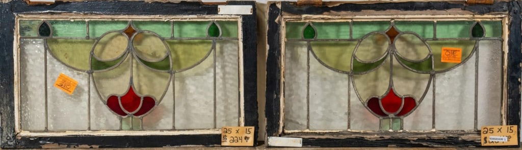 PAIR OF FRENCH ART NOUVEAU STAINED GLASS PANELS: Pair of French Art Nouveau stained glass panels. Approximate dimensions: h. 15", w. 25" Disclaimer: This is an online court ordered bankruptcy sale. Participating bidders must have a credit card on fi