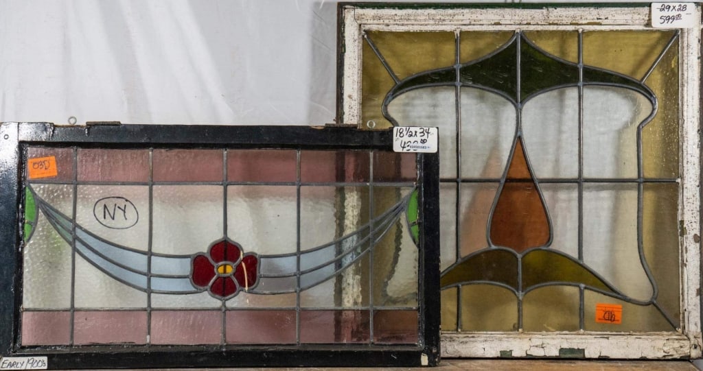 TWO FRENCH ART NOUVEAU STAINED GLASS PANELS: Two French Art Nouveau stained glass panels. Approximate dimensions: h. 29", w. 28" Disclaimer: This is an online court ordered bankruptcy sale. Participating bidders must have a credit card on file w