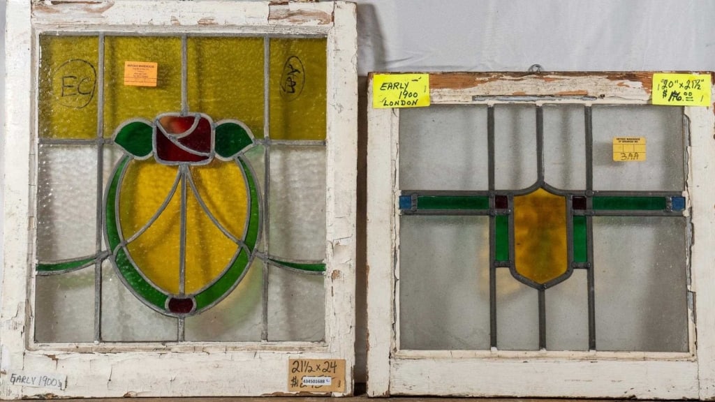 TWO ANTIQUE CONTINENTAL STAINED GLASS PANELS: Two antique Continental stained glass panels. Approximate dimensions: h. 24", w. 21.5" Disclaimer: This is an online court ordered bankruptcy sale. Participating bidders must have a credit card on fil