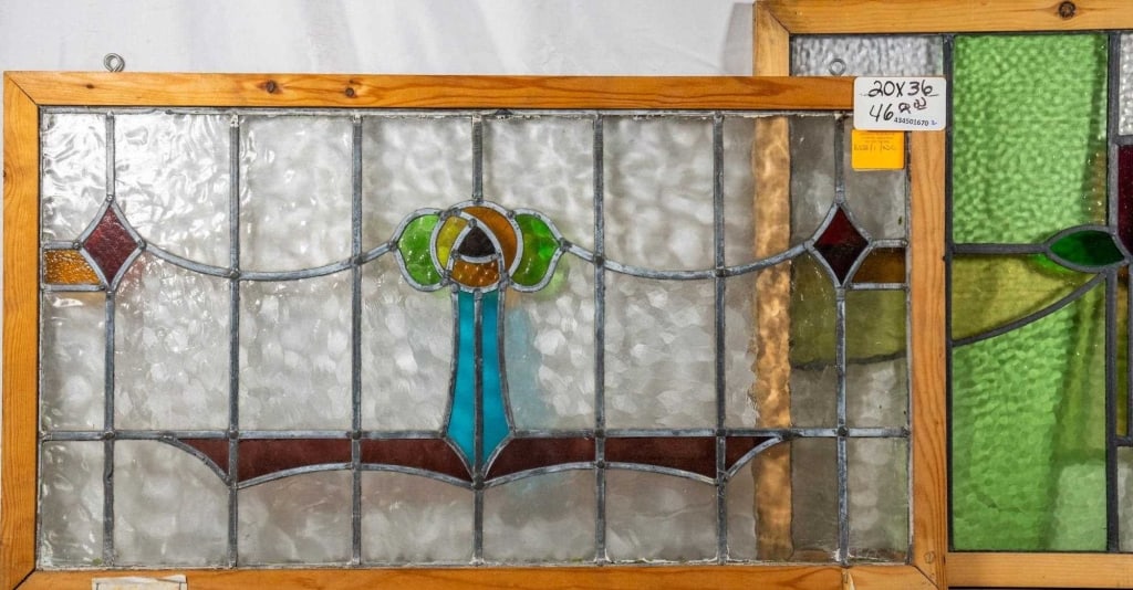 TWO FRENCH ART NOUVEAU STAINED GLASS PANELS: Two French Art Nouveau stained glass panels with floral motif. Approximate dimensions: h. 20", w. 36" Disclaimer: This is an online court ordered bankruptcy sale. Participating bidders must have a cre