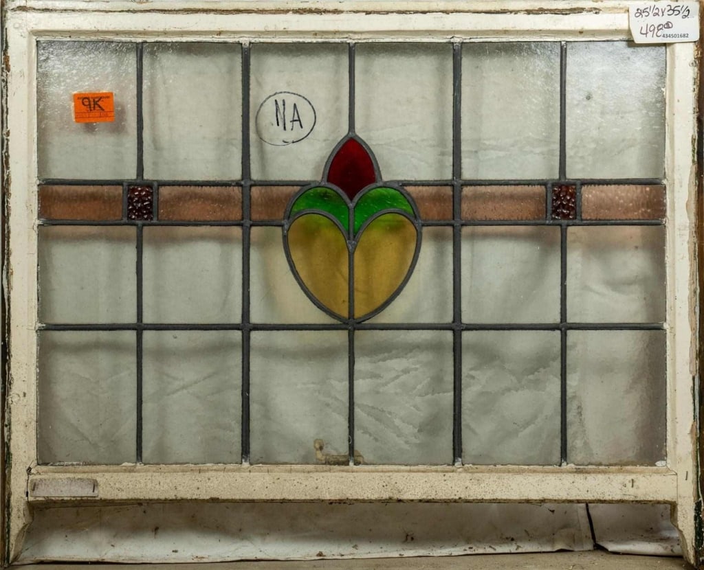 FRENCH ART NOUVEAU STAINED GLASS PANEL: French Art Nouveau stained glass panel with textured purple accents. Approximate dimensions: h. 25.5", w. 35.5" Disclaimer: This is an online court ordered bankruptcy sale. Participating bidders must