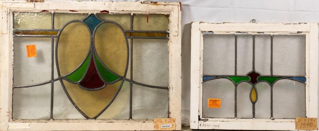TWO CONTINENTAL STAINED GLASS PANELS: Two Continental stained glass panels. Approximate dimensions: h. 21.5", w. 29.5" Disclaimer: This is an online court ordered bankruptcy sale. Participating bidders must have a credit card on file with
