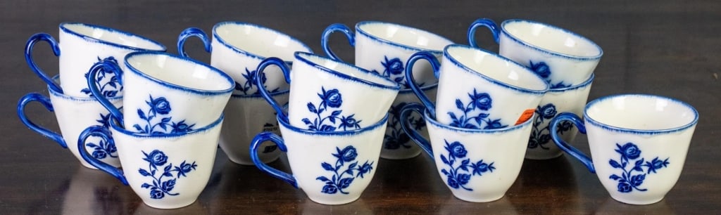 15 STAFFORDSHIRE IRONSTONE CUPS: 15 Staffordshire ironstone cups with blue and white floral motif. Disclaimer: This is an online court ordered bankruptcy sale. Participating bidders must have a credit card on file with Live Auctionee