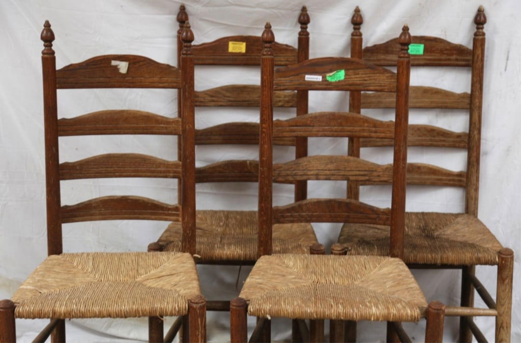 SET OF 4 ENGLISH OAK RUSH SEAT CHAIRS (1 of 3)