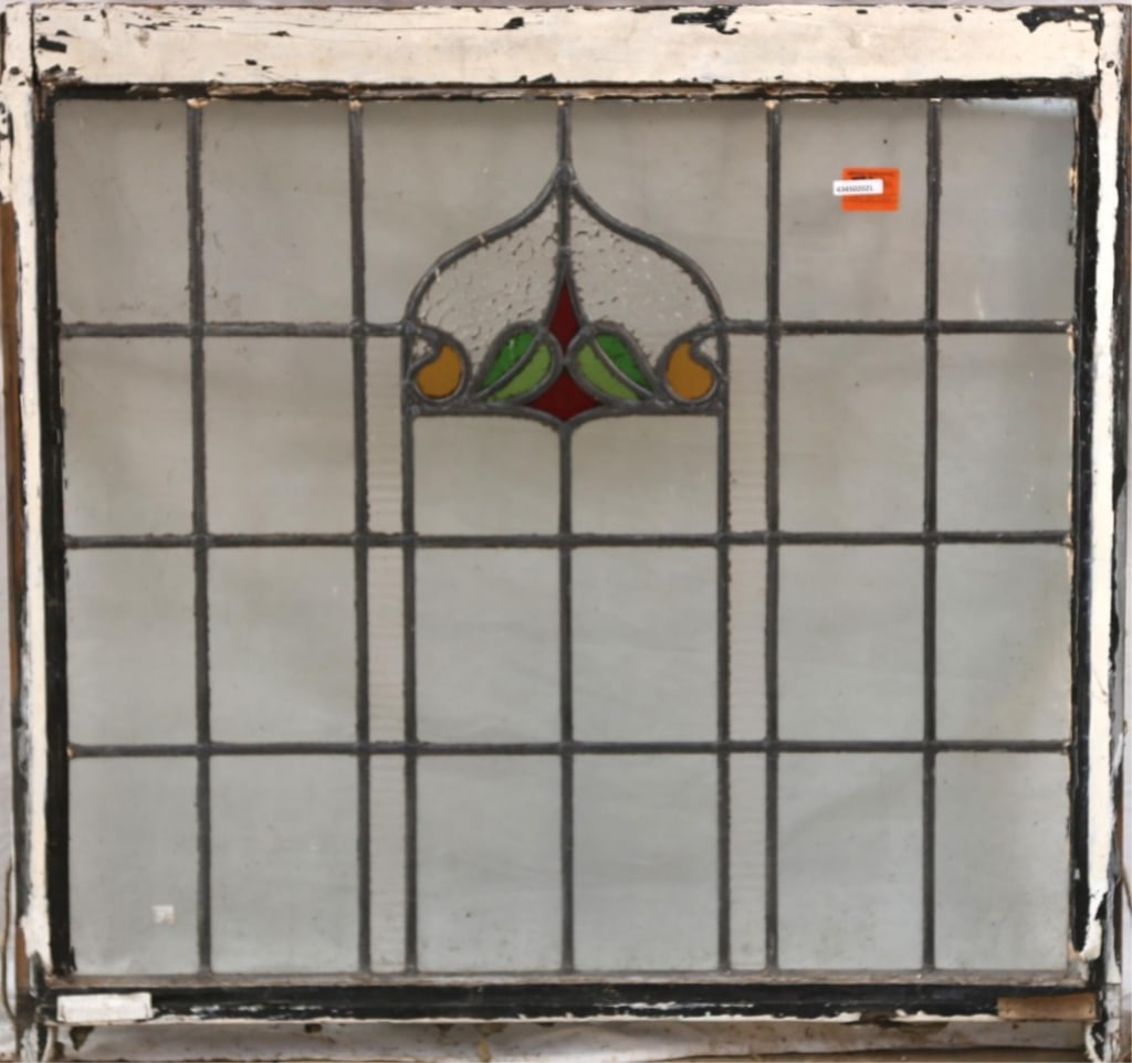 ANTIQUE CONTINENTAL STAINED GLASS PANEL: Antique Continental stained glass panel with floral motif medallion and colorless leaded glass panels. Approximate dimensions: h. 39", w. 41" Disclaimer: This is an online court ordered bankruptcy sal