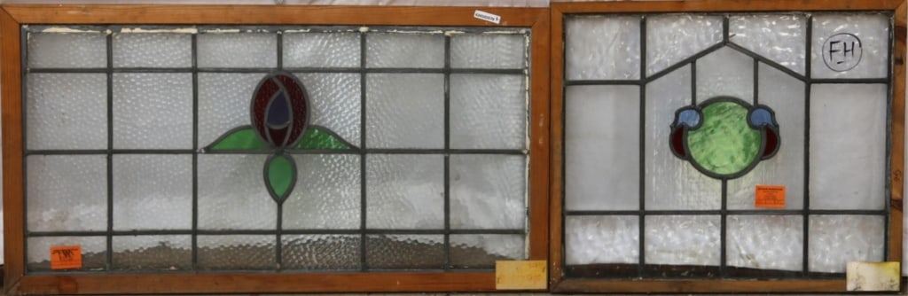 TWO ANTIQUE CONTINENTAL STAINED GLASS PANELS: Two antique Continental stained glass panels with textured details. Approximate dimensions: h. 34", w. 19.5" Disclaimer: This is an online court ordered bankruptcy sale. Participating bidders must hav
