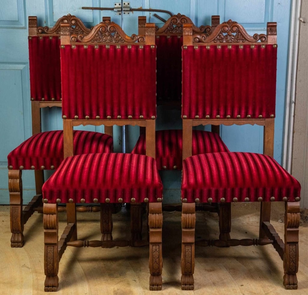 SET OF 4 FRENCH RENAISSANCE REVIVAL OAK CHAIRS: Set of 4 French Renaissance Revival oak chairs, with nailhead trim, stretcher base, and carved back. Approximate dimensions: h. 43", w. 20", d. 21" Disclaimer: This is an online court ordered bankrupt