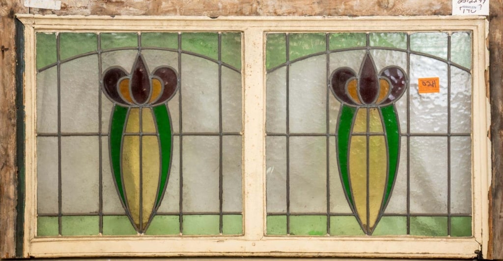 FRENCH ART NOUVEAU STAINED GLASS DOUBLE PANEL (1 of 3)