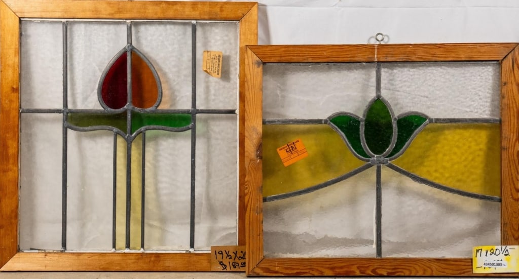 TWO FRENCH ART NOUVEAU STAINED GLASS PANELS: Two French Art Nouveau stained glass panels with floral medallions. Approximate dimensions: h. 26.5" , w. 19.5" Disclaimer: This is an online court ordered bankruptcy sale. Participating bidders must