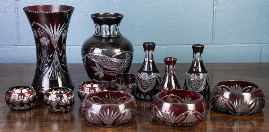12 BOHEMIAN RUBY RED CUT TO CLEAR GLASS COLLECTION (1 of 4)