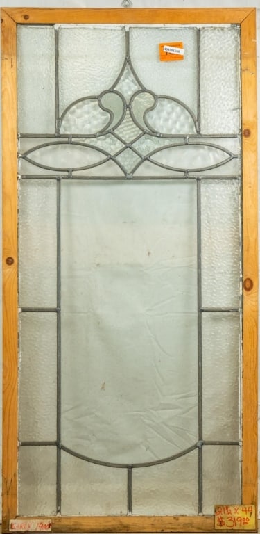 FRENCH ART NOUVEAU LEADED GLASS PANEL: French Art Nouveau leaded glass panel with colorless textured leaded glass panels and floral motif. Approximate dimensions: h. 44", w. 21.5" Disclaimer: This is an online court ordered bankruptcy sale