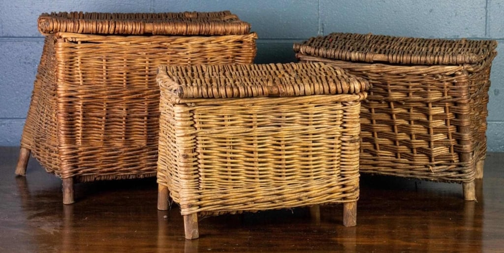THREE HAND-WOVEN WICKER LAUNDRY BASKETS (1 of 3)