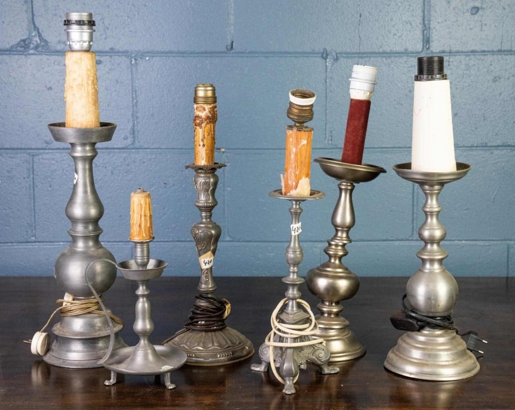 6 PEWTER CANDLESTICK LAMPS & 1 CANDLESICK (1 of 3)
