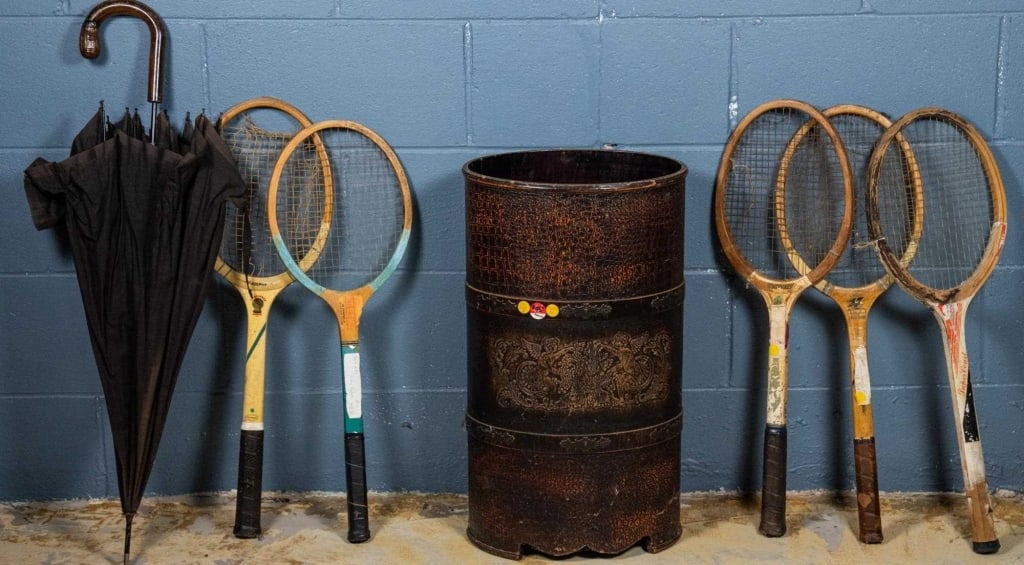 FRENCH UMBRELLA STAND, UMBRELLA & 5 RACKETS (1 of 3)