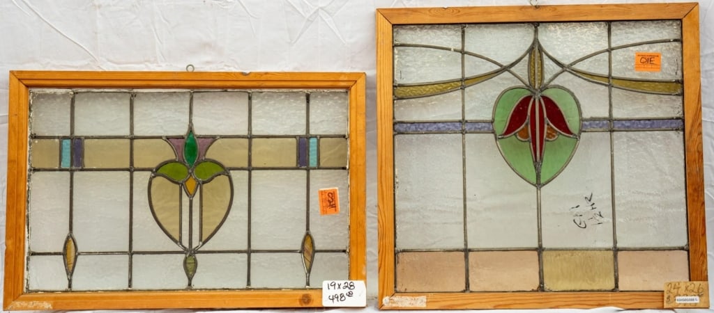 TWO FRENCH ART NOUVEAU STAINED GLASS PANELS: Two French Art Nouveau stained glass panels with floral motif. Approximate dimensions: h. 26", w. 24" Disclaimer: This is an online court ordered bankruptcy sale. Participating bidders must have a cre
