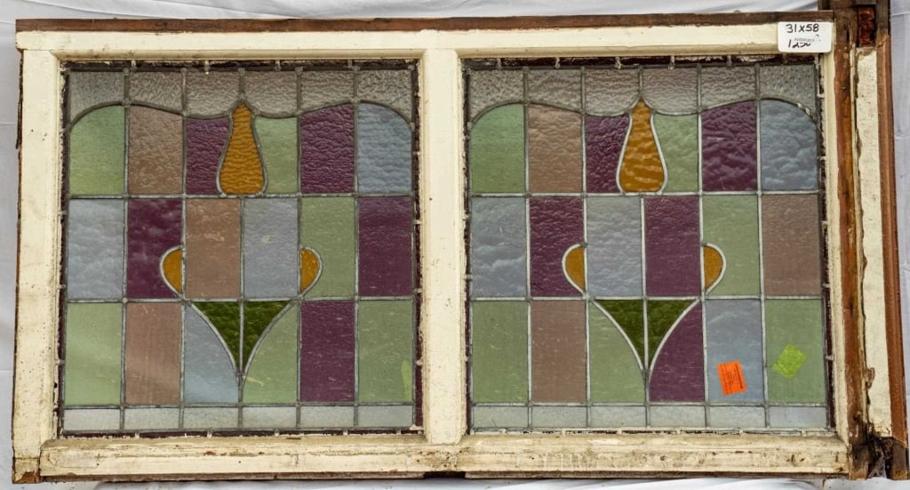 FRENCH ART NOUVEAU STAINED GLASS DOUBLE PANEL (1 of 4)