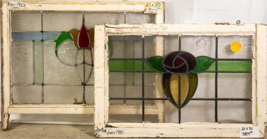 TWO FRENCH ART NOUVEAU STAINED GLASS PANELS: Two French Art Nouveau stained glass panels with floral medallions. Approximate dimensions: h. 21", w. 30" Disclaimer: This is an online court ordered bankruptcy sale. Participating bidders must have