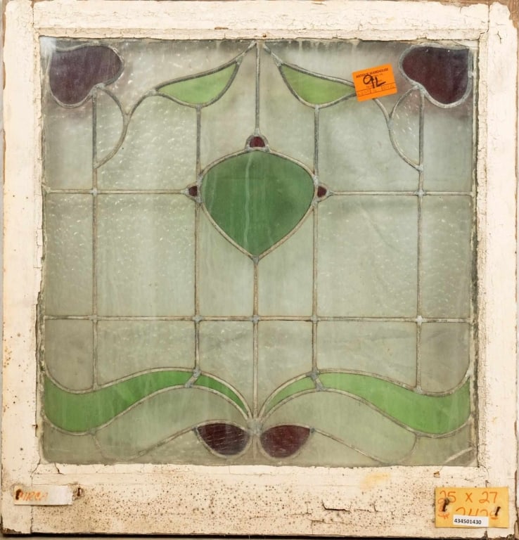 FRENCH ART NOUVEAU STAINED GLASS PANEL: French Art Nouveau stained glass panel with floral motif. Approximate dimensions: h. 27", w. 25" Disclaimer: This is an online court ordered bankruptcy sale. Participating bidders must have a credit c