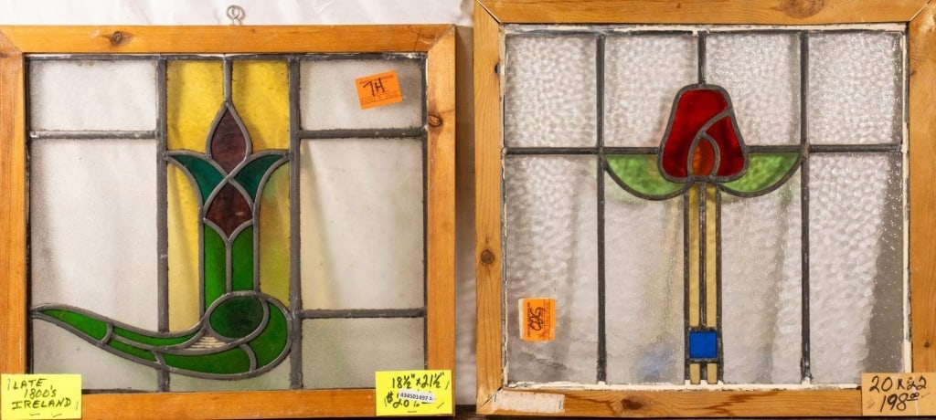 TWO CONTINENTAL ART NOUVEAU STAINED GLASS PANELS: Two Continental Art Nouveau stained glass panels with a floral motif. Approximate dimensions: h. 20", w. 20" Disclaimer: This is an online court ordered bankruptcy sale. Participating bidders must hav