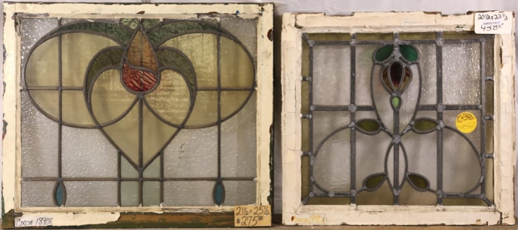 TWO FRENCH ART NOUVEAU STAINED GLASS PANELS: Two French Art Nouveau stained glass panels with floral motif. Approximate dimensions: h. 20.5", w. 22.5" Disclaimer: This is an online court ordered bankruptcy sale. Participating bidders must have a