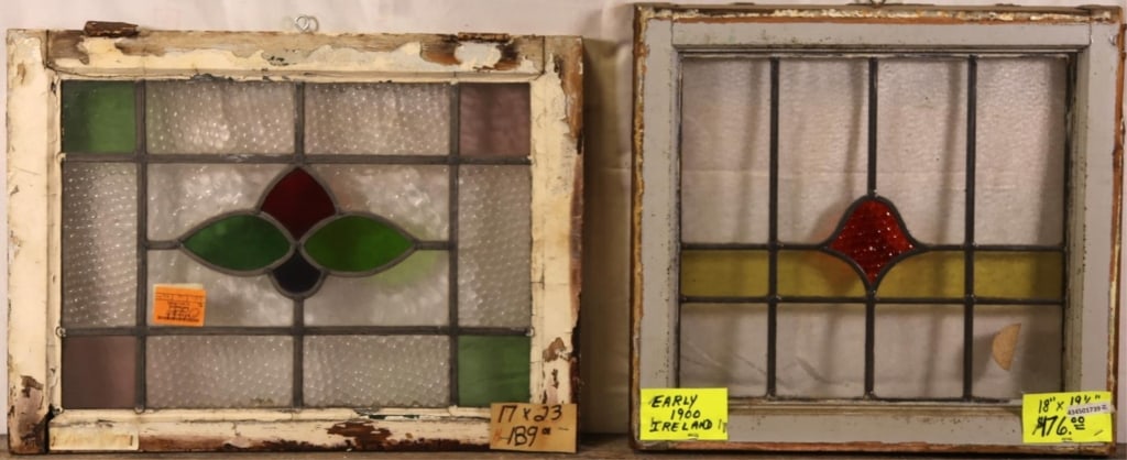 TWO ANTIQUE CONTINENTAL STAINED GLASS PANELS: Two antique Continental stained glass panels with textured elements. Approximate dimensions: h. 17", w. 23" Disclaimer: This is an online court ordered bankruptcy sale. Participating bidders must have