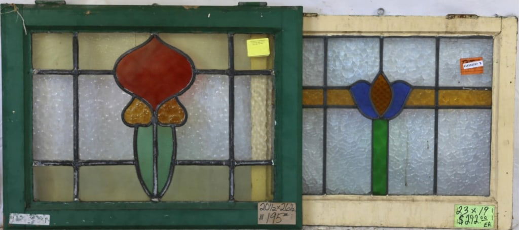 TWO CONTINENTAL STAINED GLASS PANELS: Two Continental stained glass panels with intricate multicolored stained glass details. Approximate dimensions: h. 20.5", w. 26.5" Disclaimer: This is an online court ordered bankruptcy sale. Particip