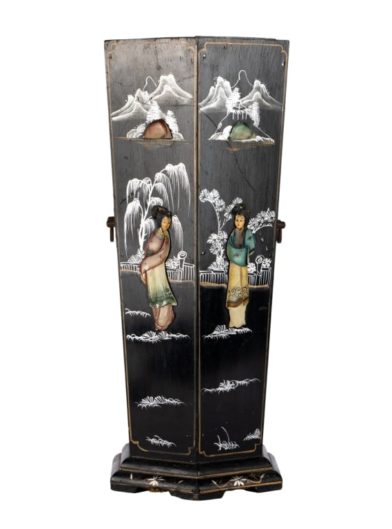 CHINESE MOTHER OF PEARL UMBRELLA STAND: Chinese mother of pearl umbrella stand in black lacquer. Approximate dimensions: h. 22", w. 10.5", d. 10.5" Disclaimer: Participating bidders must have a credit card on file with LiveAuctioneers in or